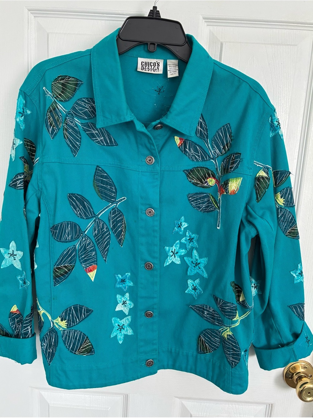 Chico's Teal Floral Embroidered Jean Jacket